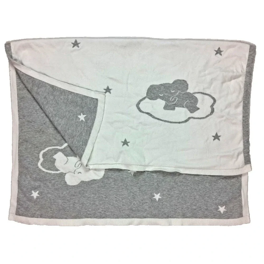 The Little White Company Gray Elephant Moon Cloud Sleeping Baby Blanket Knit Rev